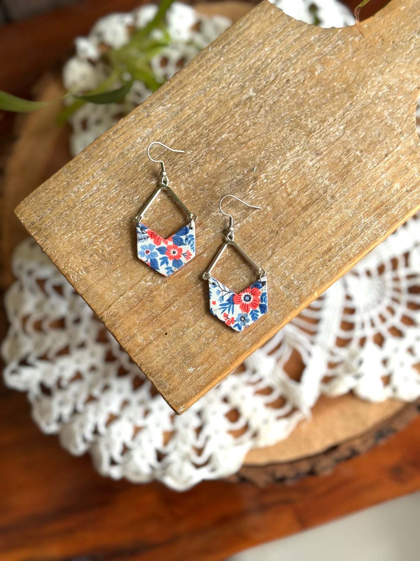 Red + Blue Floral Angled Dangle