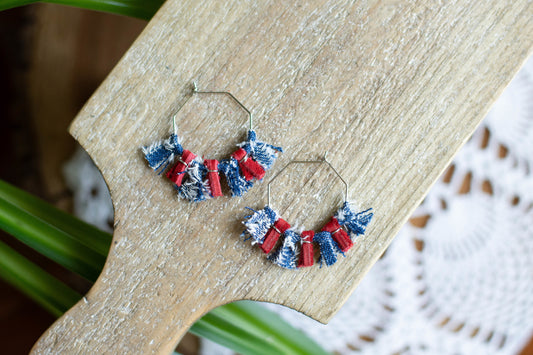 Red & Blue Denim + Leather Fringe Hoop