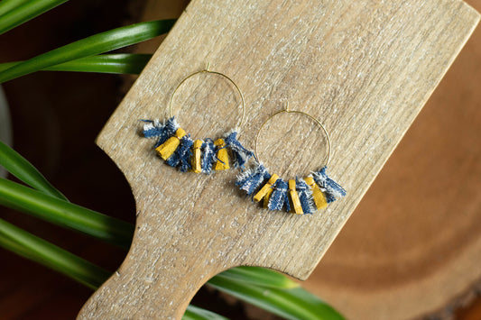 Blue & Gold Denim + Leather Fringe Hoop